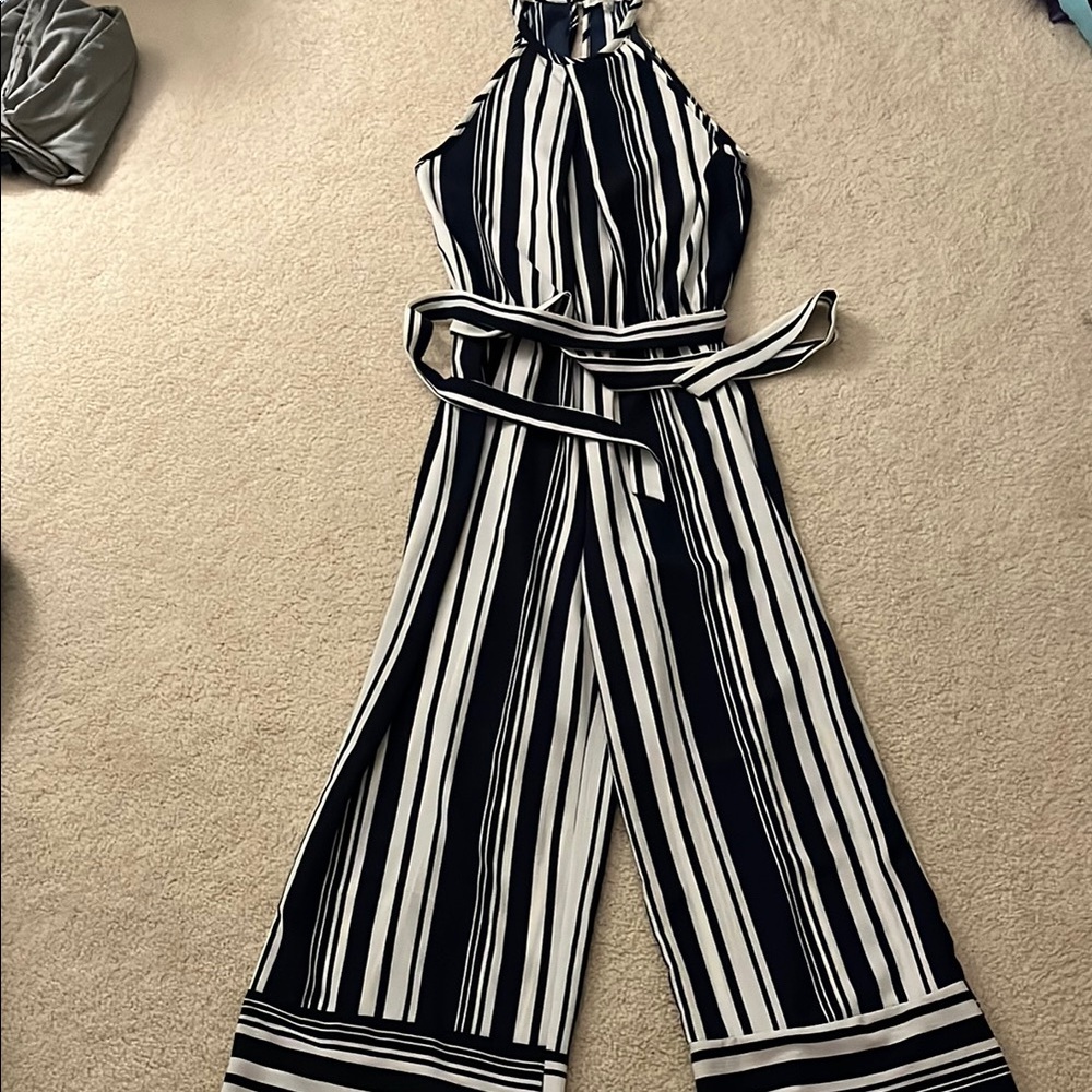 Elegant White and Blue Jumpsuit with Palazzo Legs